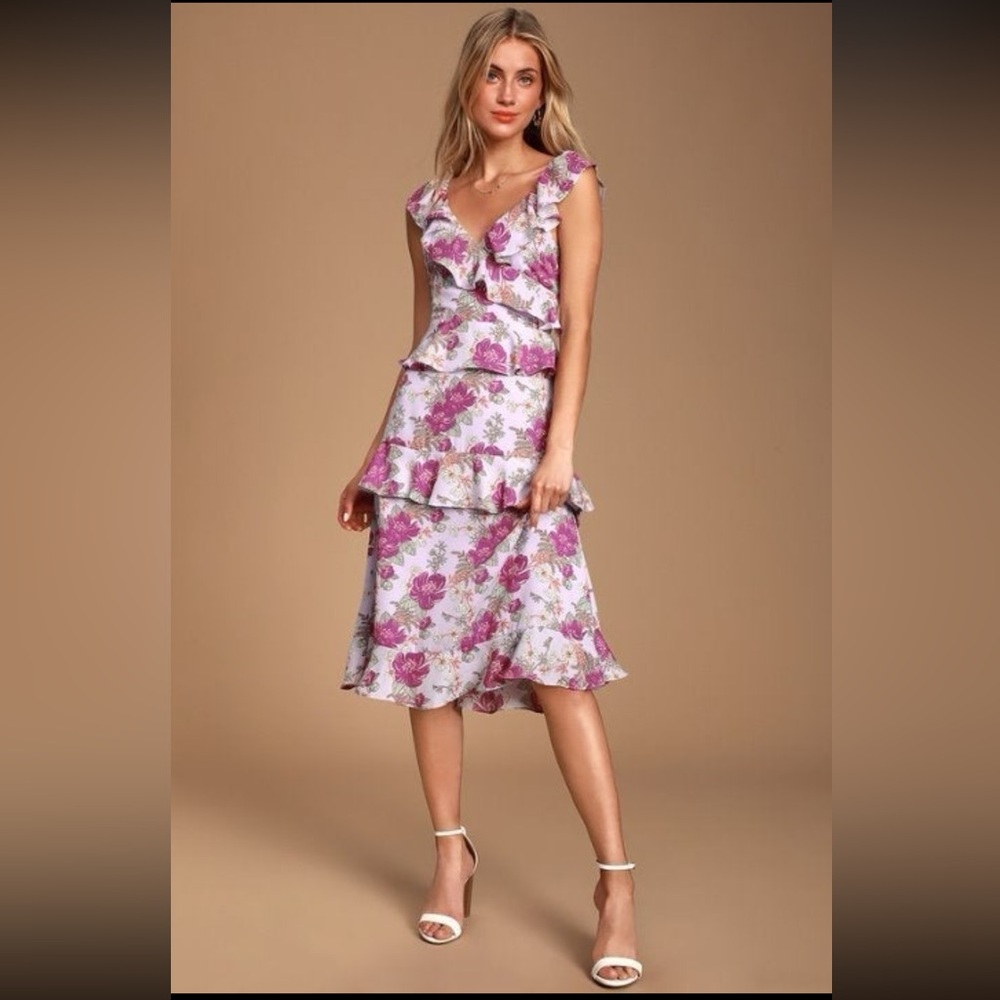 Lulu's Lavender Floral Ruffle Midi Dress